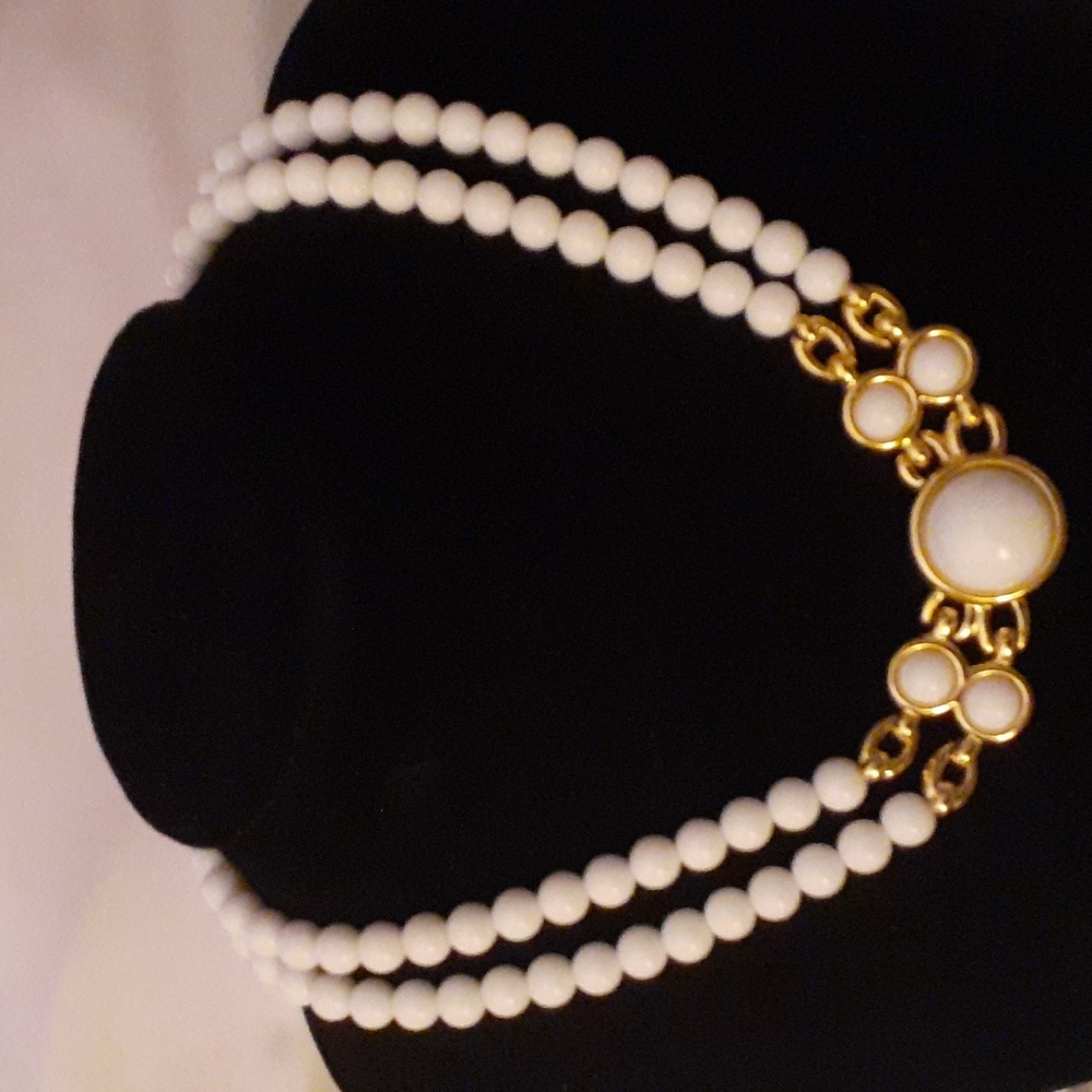 Vintage Pure White Monet Double Strand Necklace with Gold Hardware